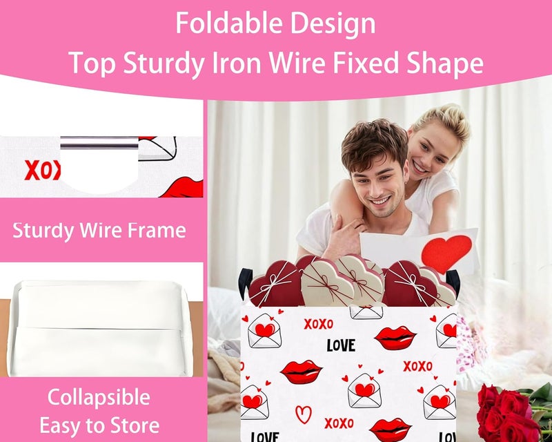 BOOHIT Valentines Day Basket Large Foldable Heart Shaped Storage Box for Gifts Kids Empty Storage Bins Rectangular Toy Organizer Decor (Mouth Envelope Love) - Image 5